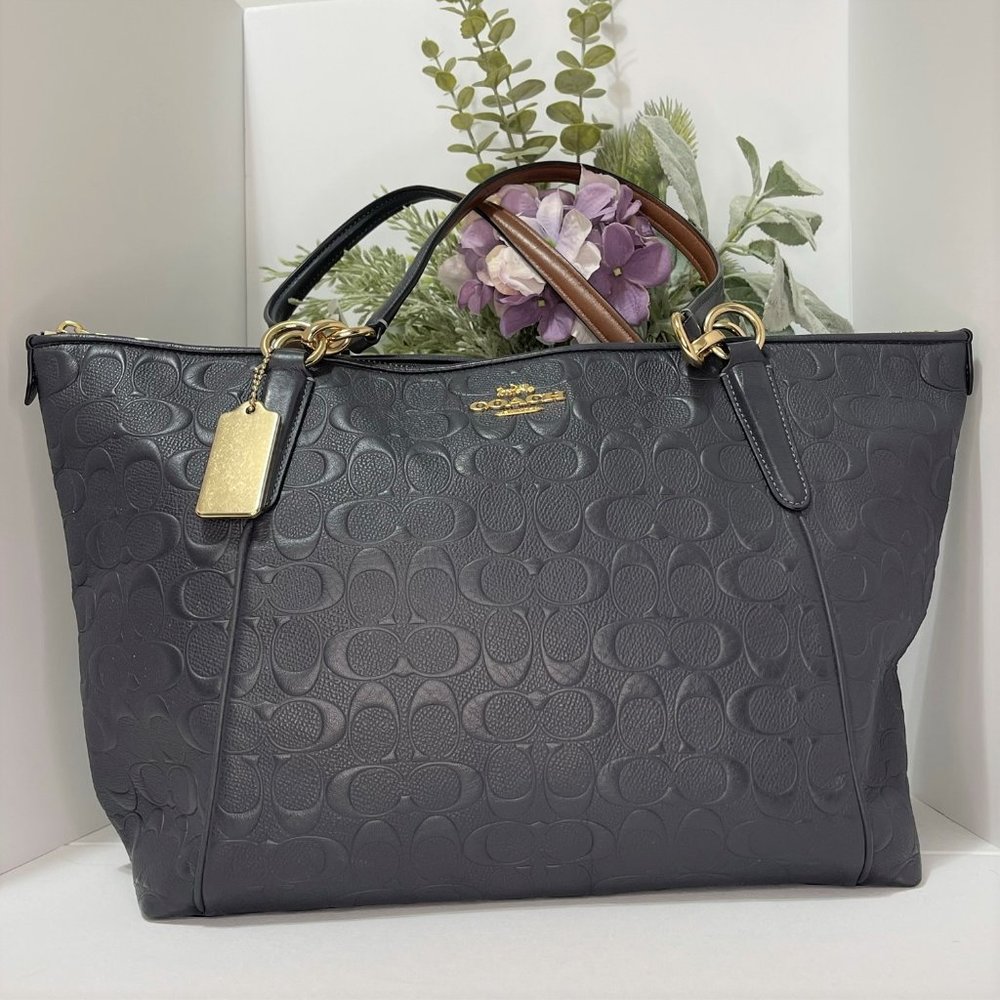Coach F28558 Ava Signature Embossed Leather Tote in Navy Blue